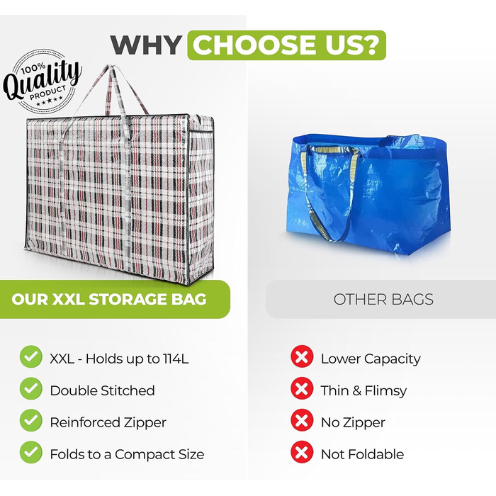 Pro-Lux Extra Large Laundry Storage Bags, Shopping Bags, Strong, Durable, XXL Moving Bags with Zipper and Handles, Reusable, 8 Pack
