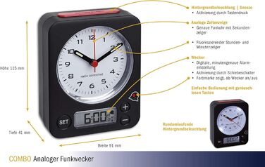 TFA Dostmann Combo Radio Clock, Analog Time and Digital Alarm, Radio Clock with High Precision, Quiet, All-Round Lighting, Black, Black-Red, L 90 x W 40 x H 115 mm