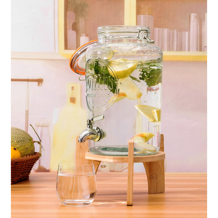Скляний диспенсер для напоїв Smith's Mason Jars 5 л з нержавіючим краном, фільтром і дерев'яною підставкою — ідеально для лимонаду, води, коктейлів