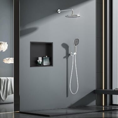 KINKIBOS Wall Niche Shower Stainless Steel, No Tiles Required, Recessed Shower Niche 30 x 30 x 10 cm, Shower Niche Single Shelf Storage Grey Black