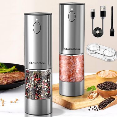 Електричний набір для солі та перцю з нержавіючої сталі, 2 шт., автоматичний, перезаряджається, 5 ступенів помелу, 95 мл, LED-підсвічування, Type-C, база для зберігання