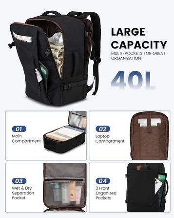 LOVEVOOK Рюкзак для ручної поклажі, 40L, валіза-рюкзак, для подорожей, з відділенням для ноутбука 17.3 дюймів, чоловічий/жіночий, темно-зелений