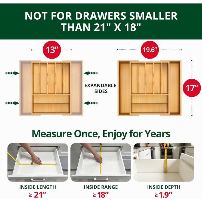 Органайзер для кухонних ящиків з бамбука – тримач для столових приборів та кухонного начиння (9 відділень, натуральний колір)
