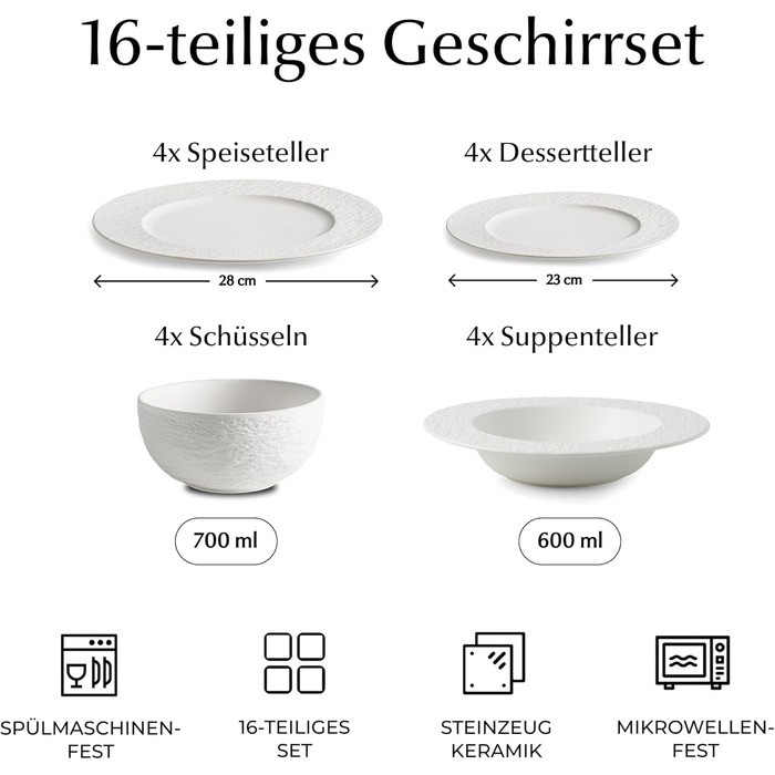 MIAMIO Набір посуду 16 предметів / Сучасний керамічний посуд / Набір посуду на 4 особи - Колекція Oasis (16 шт) / Білий посуд з суповими тарілками (16 шт)