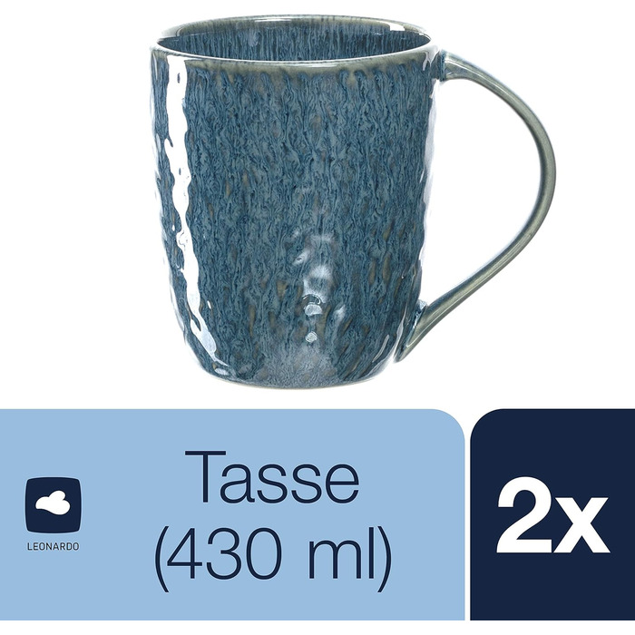 Leonardo Matera Ceramic Mug Set, 2-piece, dishwasher-safe coffee mugs, 2 microwave-safe tea mugs, glazed cups, blue, 430 ml, 026996