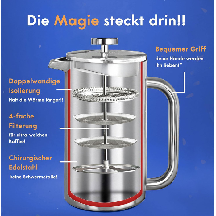 Френч-прес Ziruma 1 літр: нетоксичний, з нержавіючої сталі, з подвійними стінками та термосистемою