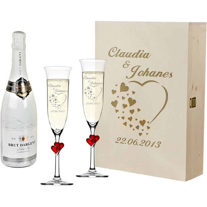 Polar Effect 2 Champagne Flutes with Red Hearts and Champagne Bottle in Gift Box - Personalized with Engraving - Wedding Gift Idea Champagne Glass Set - Heart Motif