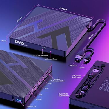 Зовнішній CD/DVD привід varkda USB 3.0 та USB-C, портативний оптичний накопичувач та записувач для ноутбука, ПК, Mac, Windows, Linux (8 в 1, чорний)