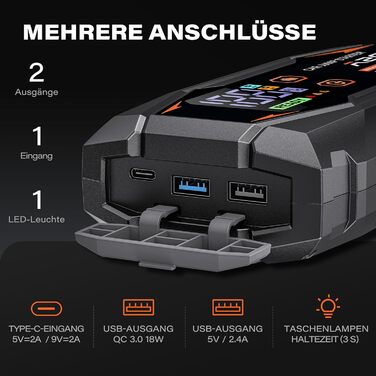 Powerbank A2C Starthilfe: Зарядний пристрій для автомобіля, 16800mAh, 12V, з LED-індикатором та світлом, підтримка PD/QC 3.0, 3 USB