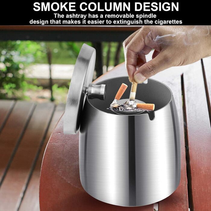 Нержавійна попільничка для вулиці та дому з кришкою, з антиковзною основою (срібна)