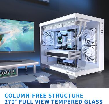Корпус ПК MUSETEX Y6 ATX з підтримкою 360мм радіатора, Type-C, для геймінгу, з 3 вентиляторами, скляна бічна панель 270°, білий, Mid Tower
