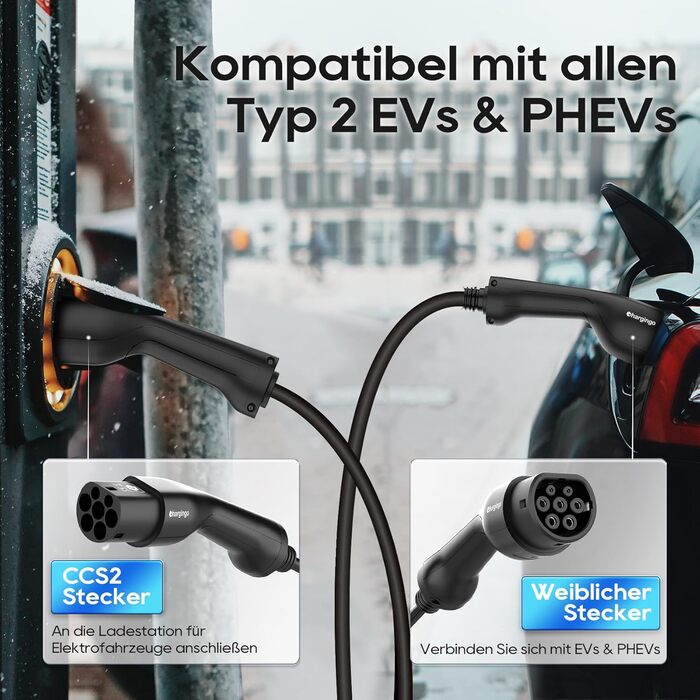 Портативний зарядний пристрій для електромобілів Type 2 (IEC 62196-2) з LCD-дисплеєм, 3.68kW, 6-16A, 5м, IP65, 16A, 22kW, чорний