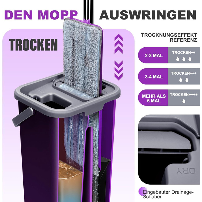 Набір для миття підлоги Masthome з відром: плоский моп, 3 мікрофібрових насадки, відро з нержавіючою сталею, моп з функцією віджиму, для прибирання підлоги