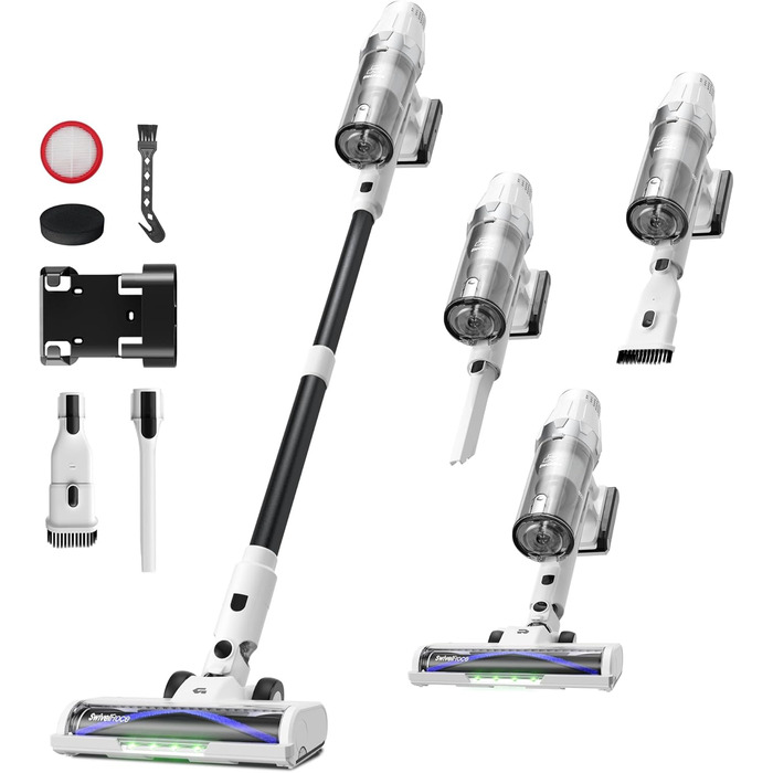 Акумуляторний пилосос ElecKeys 48000Pa/580W з LED дисплеєм, білий (фіолетовий). Підходить для твердих поверхонь, килимів та видалення шерсті тварин. 7-шарова фільтрація, антизаплутана щітка, 65 хвилин роботи.