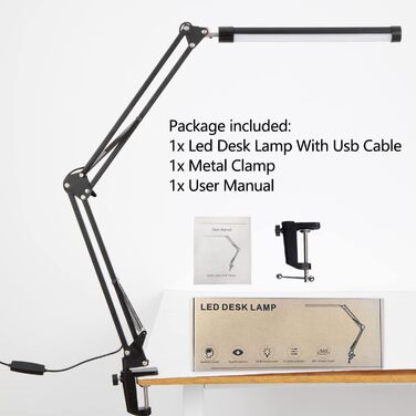 LED лампа настільна з регульованим шарніром, USB, диммування, захист очей, 3 режими, 10 рівнів яскравості, функція пам'яті для дому та офісу