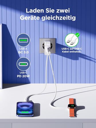 Мережевий адаптер USB C з двома портами, 20W, PD 3.0, з кабелем USB C - USB C 2м, білий