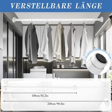 Регульована телескопічна штанга DEWEL для карнизів, душових кабін, без свердління, для штор, спальні, ванна кімната (діаметр 3см, 70-120см, білий)