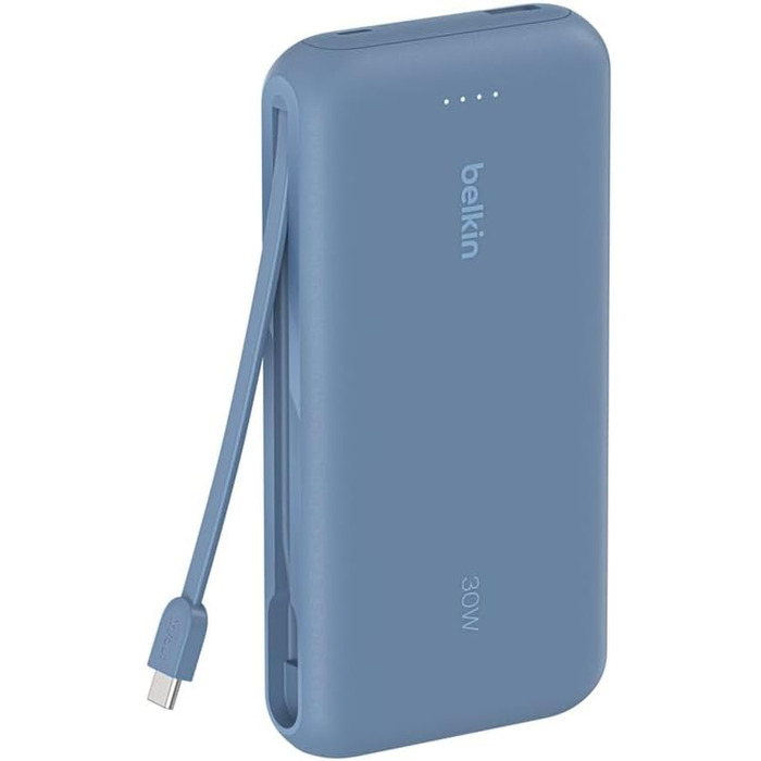 Зовнішній акумулятор Belkin BoostCharge 20K PD 30W з вбудованим кабелем USB-C, Power Bank для iPhone 16, iPad Pro, Samsung Galaxy S25, синій