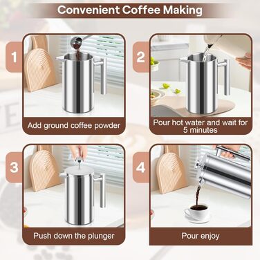 Френч-прес для кави з нержавіючої сталі, 1000 мл, з подвійними стінками, ізольований, для дому, кемпінгу та офісу