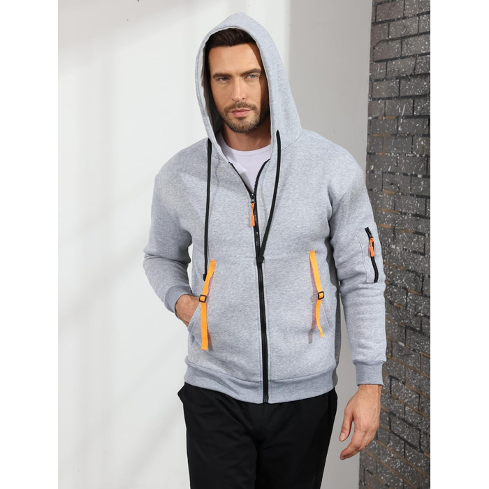 Світшот з капюшоном Aulemen для чоловіків з блискавкою, лангрукав, slim fit, декілька кишень, для повсякденного носіння та спорту, сірий, 3XL