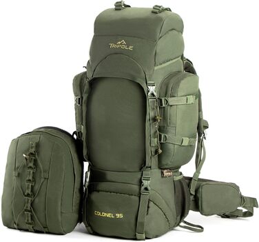 Tripole Rucksack from the Colonel Series with Internal Frame - Featuring Detachable Daypack and Rain Cover (95 Liters, Green (Army Green))