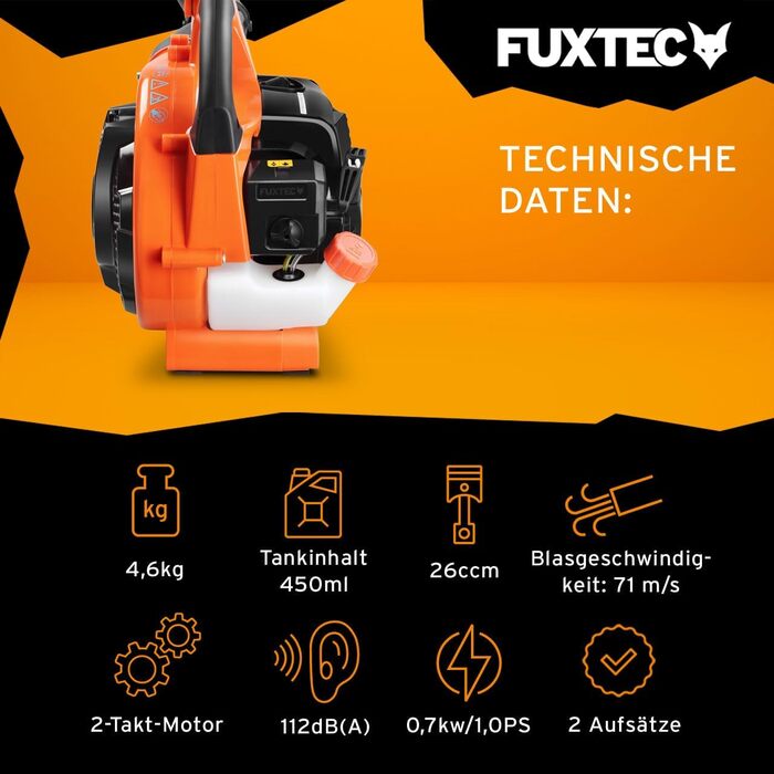 Бензиновий повітродув FUXTEC FX-LB126 2в1 з 2-ма насадками, розширюється до садового пилососа, 2-тактний двигун, швидкість повітря 71 м/с, преміум-клас