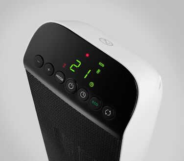 De'Longhi Tower Ceramic Heater Fan, Fast Heating with 2 Power Levels, Remote Control, 24h Timer, Eco Function, Safety Thermostat, Rear Handle, 2000W, HFX25S20, White/Black