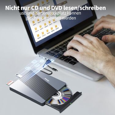 Зовнішній USB 3.0 CD/DVD-записувач Alxum з картридером SD/TF та додатковим USB-портом, Plug & Play для Windows, Linux, Mac OS, T039A