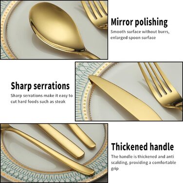 Berglander Gold Wedding Cutlery Set 60pcs Service for 20, Titanium Coated Stainless Steel Cutlery Set, Gold Spoon Fork Knife Set for Home, Wedding, Restaurant, Dishwasher Safe
