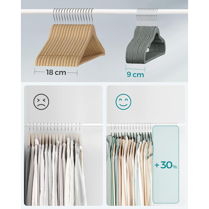 Набір вішалок SONGMICS 50 шт. для одягу, сірі, з неслизьким покриттям, з перекладиною для штанів, 360° обертовий гачок, тонкі, 43 см