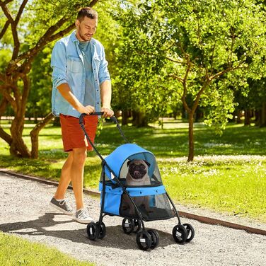 PawHut Візок для собак та котів, блакитний, до 10 кг, з подушкою та сітковими вікнами