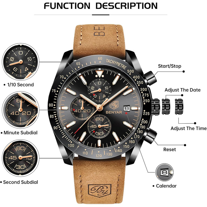 Годинник чоловічий BENYAR з коричневим шкіряним ремінцем, кварцовий хронограф, чоловічий годинник з датою, водонепроникний, спортивний годинник з блакитно-чорним циферблатом