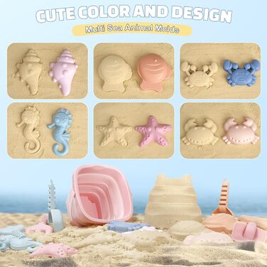 Dreamon Sand Toys Beach Toys Kids, 18 PCS Travel Sand Toys with Folding Bucket, Sandbox Beach Toy for Kids Ages 1 2 3 4 5 Years Girls Boys