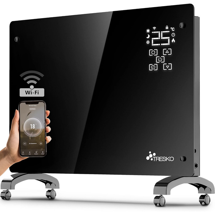 Електричний конвектор TRESKO® з Wi-Fi, LED-дисплеєм та таймером | Склокерамічний нагрівач | 2000 Вт (1500 Вт)