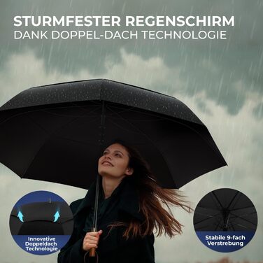 Logan & Barnes Stormproof Umbrella - 120cm Diameter with Real Wood Handle - XXL Double Person Umbrella - Large Rain Umbrella - Chicago Model (Black)
