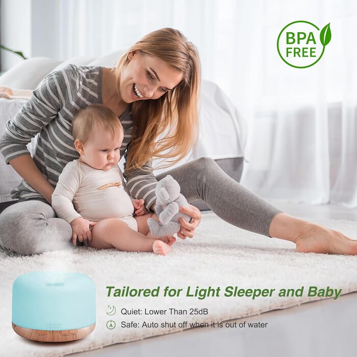 Дифузор аромату ASAKUKI 500 мл, ультразвуковий аромадифузор для ефірних олій, зволожувач повітря з пультом дистанційного керування, автоматичне вимкнення без води, 7 кольорів LED-підсвічування (з олією)