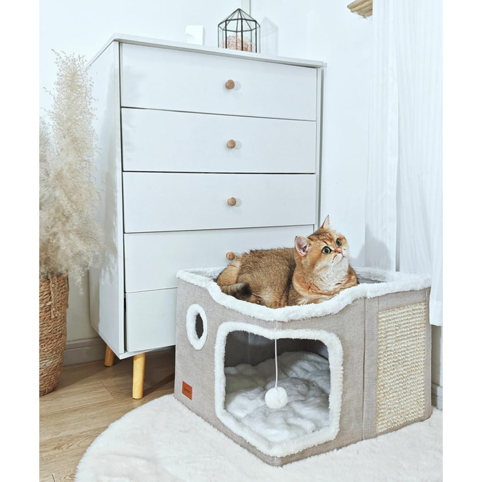 Large Cat Cave Bed for House Cats, Foldable Pet House, Cube with Scratch Pad, Kitten Cave, Cat Hideaway Cute Hut with Soft Cushion Mat, Beige, 43.2 x 43.2 x 33 cm