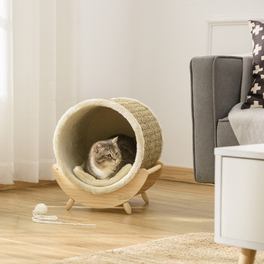 PawHut Котобудка з полицею, котяче ліжко, когтеточка, деревина сосни, фланель, хакі, натуральний & бежевий, 41x38x43 см | Aosom