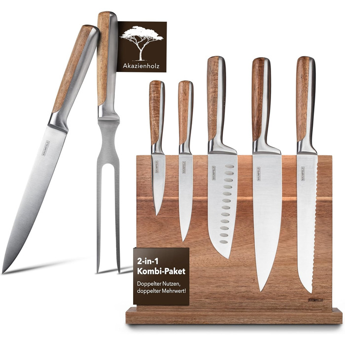 Baumfeld 6-Piece Knife Block Set - Premium Kitchen Knives with Acacia Wood Magnetic Block - Professional Chef Knife Set (Silver, Stainless Steel, & Tranchierbesteck)
