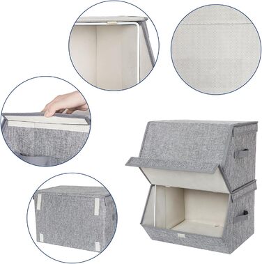 SONGMICS Storage Box, 2-Piece Set, Folding Box, Stackable Fabric Box with Magnetic Flip Lid, Metal Frame, 38 x 26.5/35 x 25, Grey-Beige RLB02GY