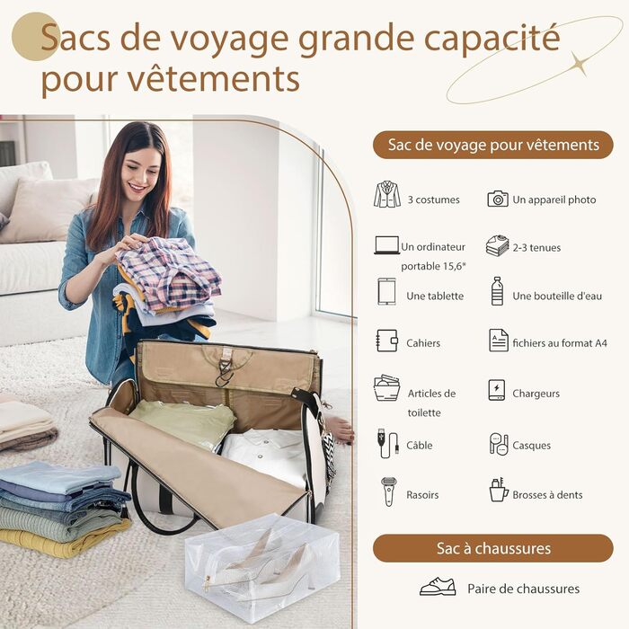 Сумка-органайзер для подорожей 50 л, 2-в-1: сумка та водонепроникне взуття з антизминальним системою для жінок та чоловіків – ідеально для ділових поїздок та відпочинку (Бежевий)