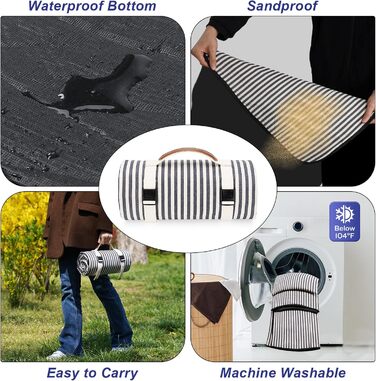 Водонепроникний плед для пікніка TwentyNext, 145x199.9 см, для пляжу, кемпінгу, з ручкою, машинного прання, складаний, в смужку