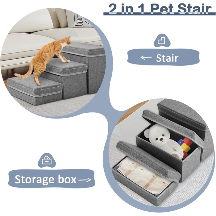 Сходинки для домашніх тварин Couleeur: 3 сходинки, антиковзкі, з місцем для зберігання, для собак та котів, складані, сірі