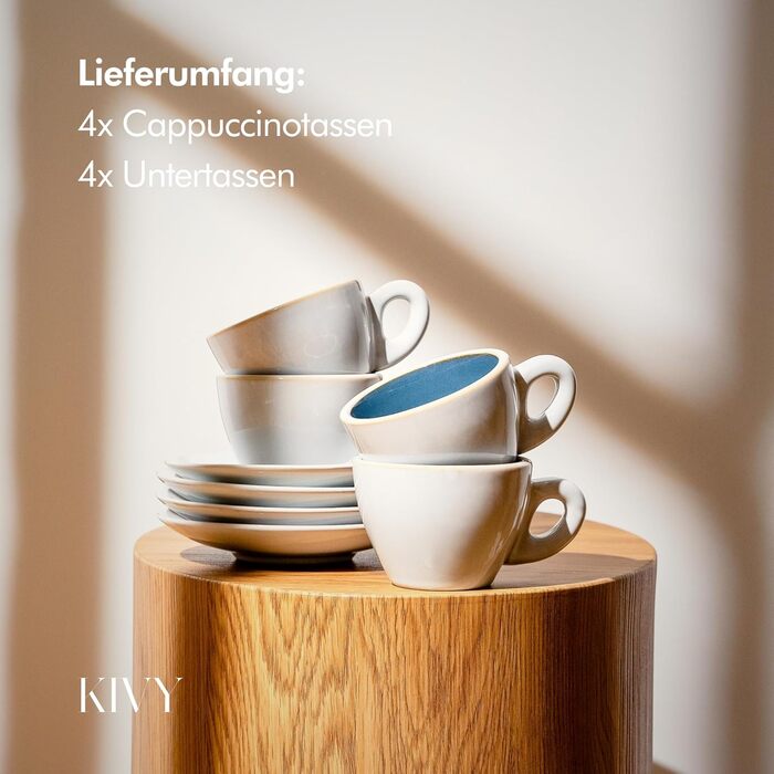 Келихи KIVY Cappuccino з товстими стінками [4 x 240 мл] - ручної роботи, керамічні - набір кавових чашок з блюдцями - сірі та блакитні чашки капучіно - великі чашки для лате - чашка капучіно з блюдцем - 180 мл морської блакиті