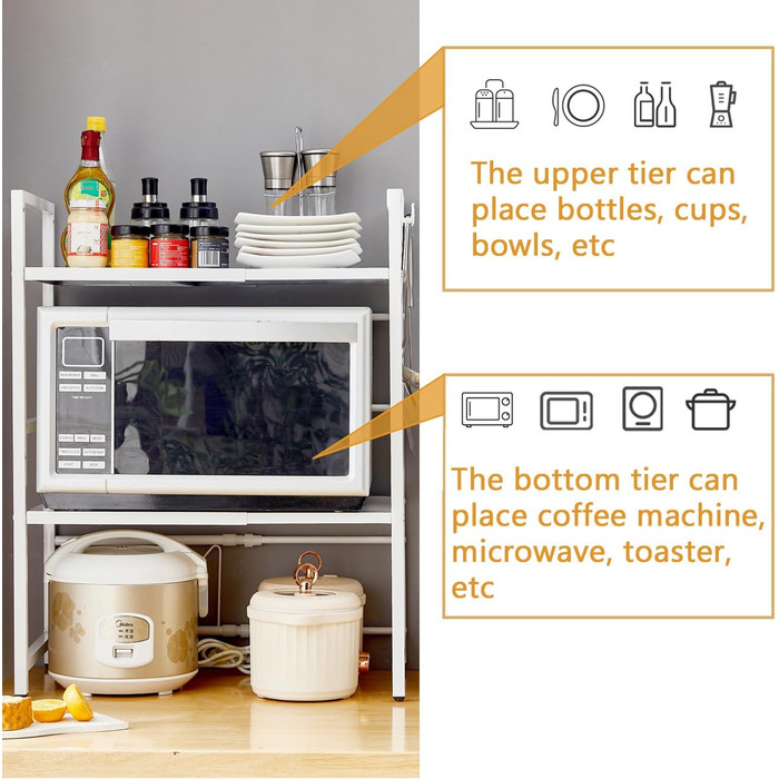 Розширювана полиця для мікрохвильової печі, органайзер для кухні, підставка для повітряної фритюрниці, 3 яруси (чорний/білий)