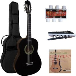 Концертна гітара в комплекті: юнацька класична гітара, чорна матова, з чохлом, каподастром, струнами та налаштувальником. MIBK
