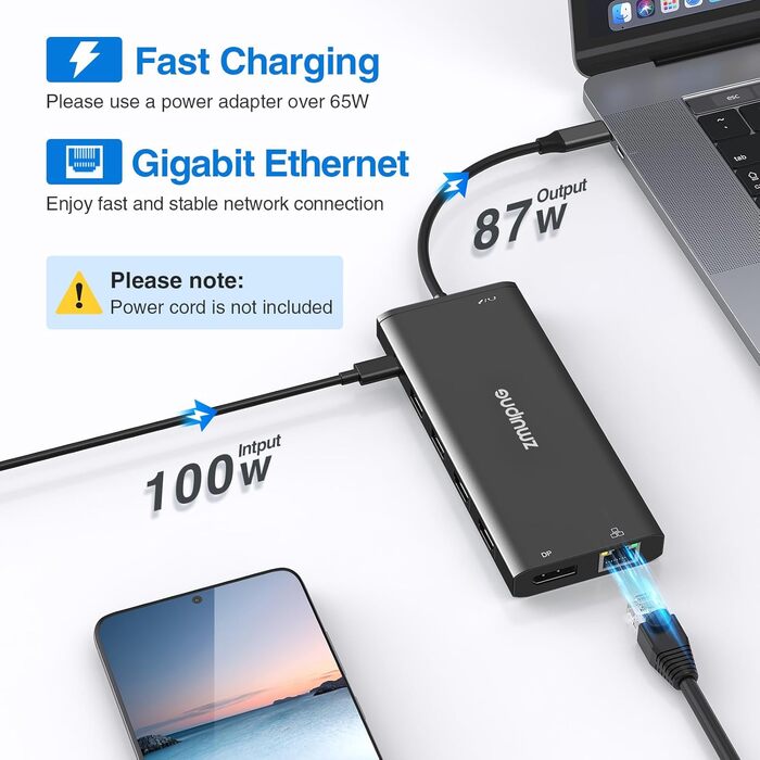 Док-станція USB-C з підтримкою двох моніторів та трьох дисплеїв, 14 в 1 для ноутбуків Dell, HP, Lenovo та інших, з 2x 4K HDMI, DisplayPort, Ethernet, 4x USB, 100W PD, USB-C Data, SD/TF, Audio/Mic (Чорний)