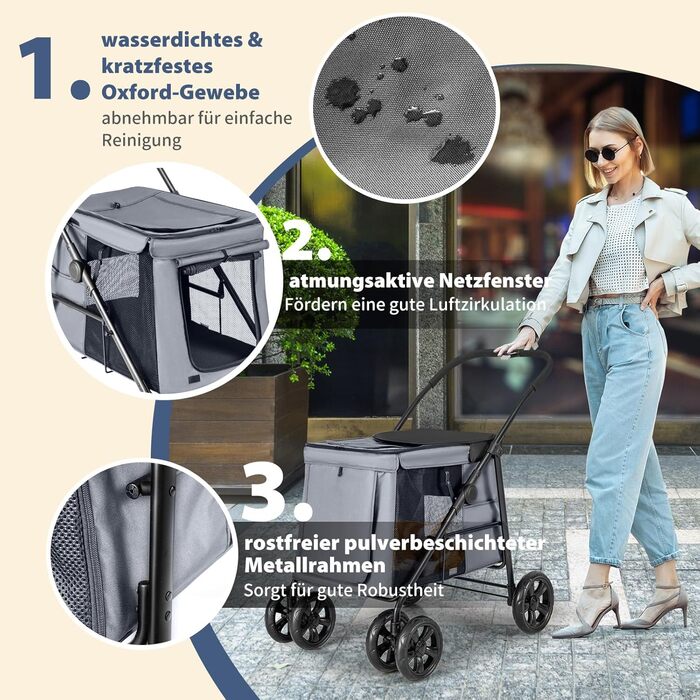 Візок для собак Costway, складаний, до 40 кг, з подушкою, сітковими вікнами та полицею, з двома дверцятами та бічними кишенями, сірий