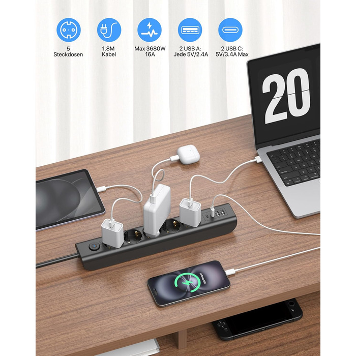 Мережевий фільтр Steckdose 8 в 1 з USB, 3680W, з вимикачем, 16A, 2 USB-C, для смартфонів, ноутбуків, iPad, 1.8M кабель, білий (чорний 5AC)