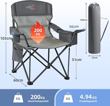 Розкладний стілець для кемпінгу RELAX FIELD 200KG з підстаканником та сумкою-холодильником, рибальський стілець, сірий (2 шт)